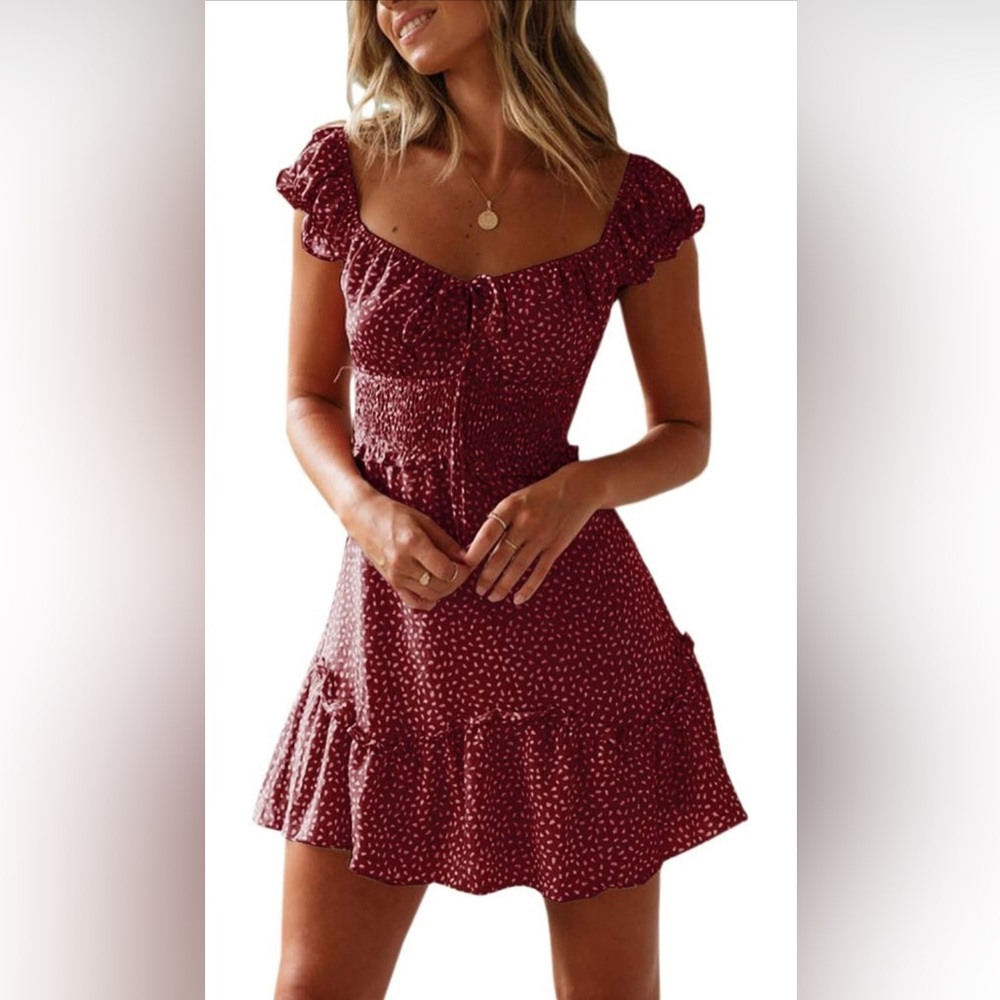 Yobecho Summer Ruffle Sleeve Sweetheart Neckline Wine Red Dress